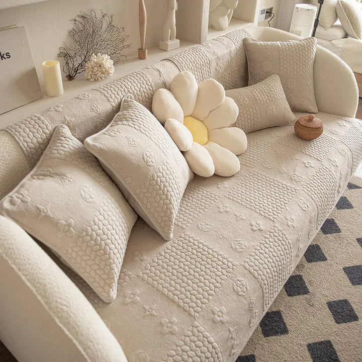 Stylish home decor cotton couch cover, non-slip design with elegant 3D wheat embroidery