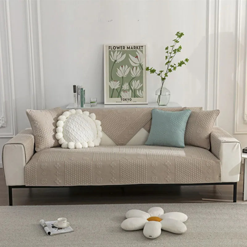 Embroidered cotton sectional cover with 3D wheat design, durable and non-slip for pets