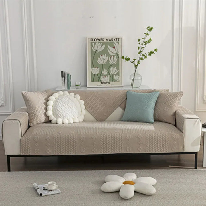 Embroidered cotton sectional cover with 3D wheat design, durable and non-slip for pets
