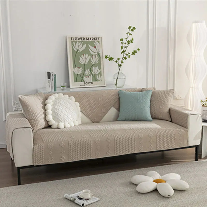 Robust furniture protection: 3D wheat embroidered cotton non-slip couch cover, pet-friendly