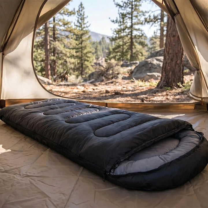 Unisex 4-Season Mummy & Envelope Camping Sleeping Bag, ideal for cold weather hiking and outdoor adventure.