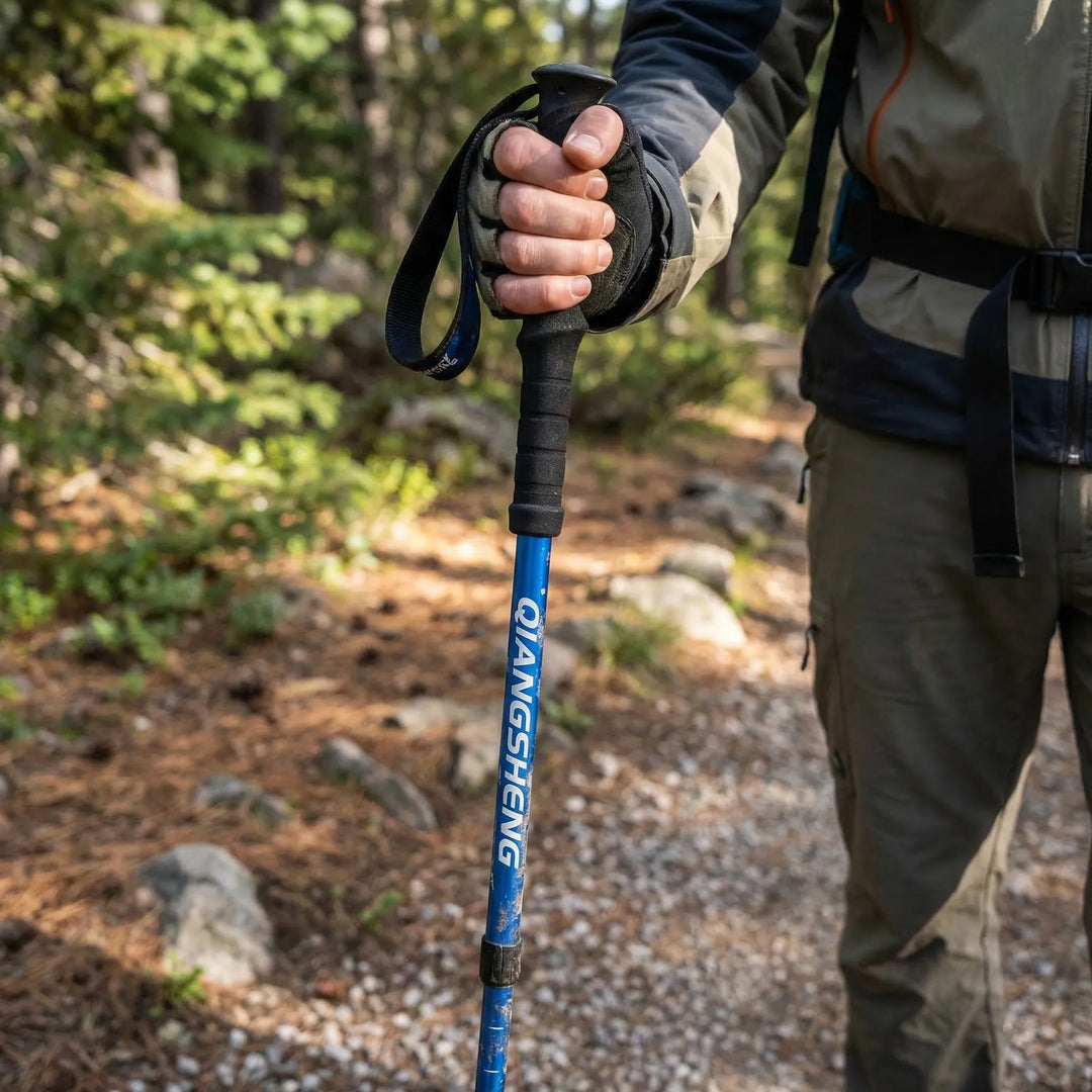 Unisex 4-section folding trekking pole for hiking & trail support. Adjustable, compact outdoor gear.