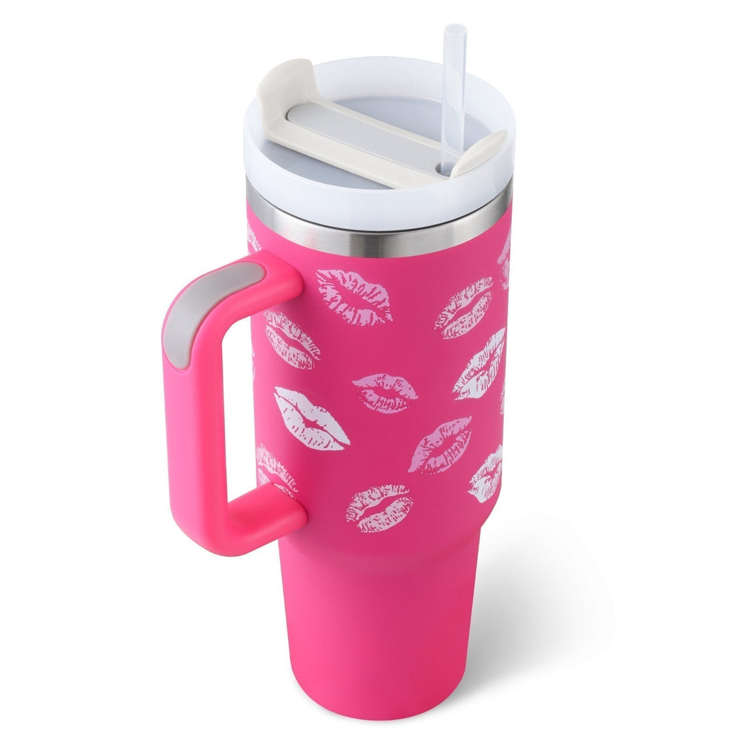 Unisex 40oz insulated travel mug with handle & straw. Perfect for hot coffee or cold water.