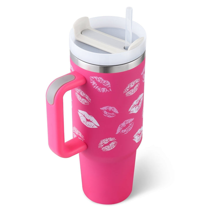 Unisex 40oz insulated travel mug with handle & straw. Perfect for hot coffee or cold water.