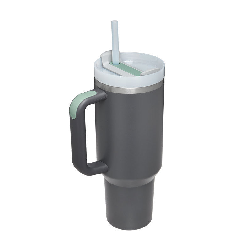 Unisex 40oz insulated coffee tumbler. Features a handle & straw. Keeps drinks hot or cold for hours.