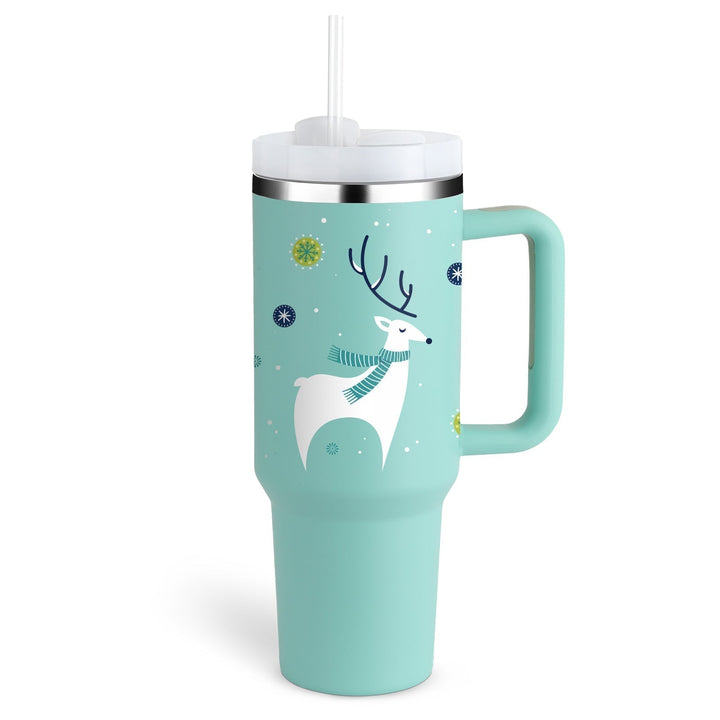 Hot/cold 40 fl oz insulated straw mug. Perfect reusable drinkware for commuters, with handle.