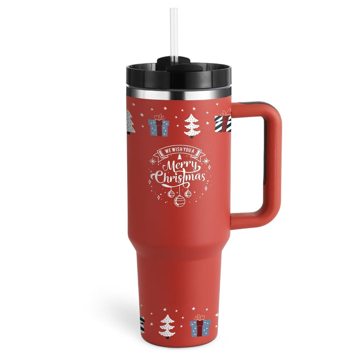 Unisex 40oz insulated tumbler. Ideal for coffee, water, or tea. With ergonomic handle & straw.