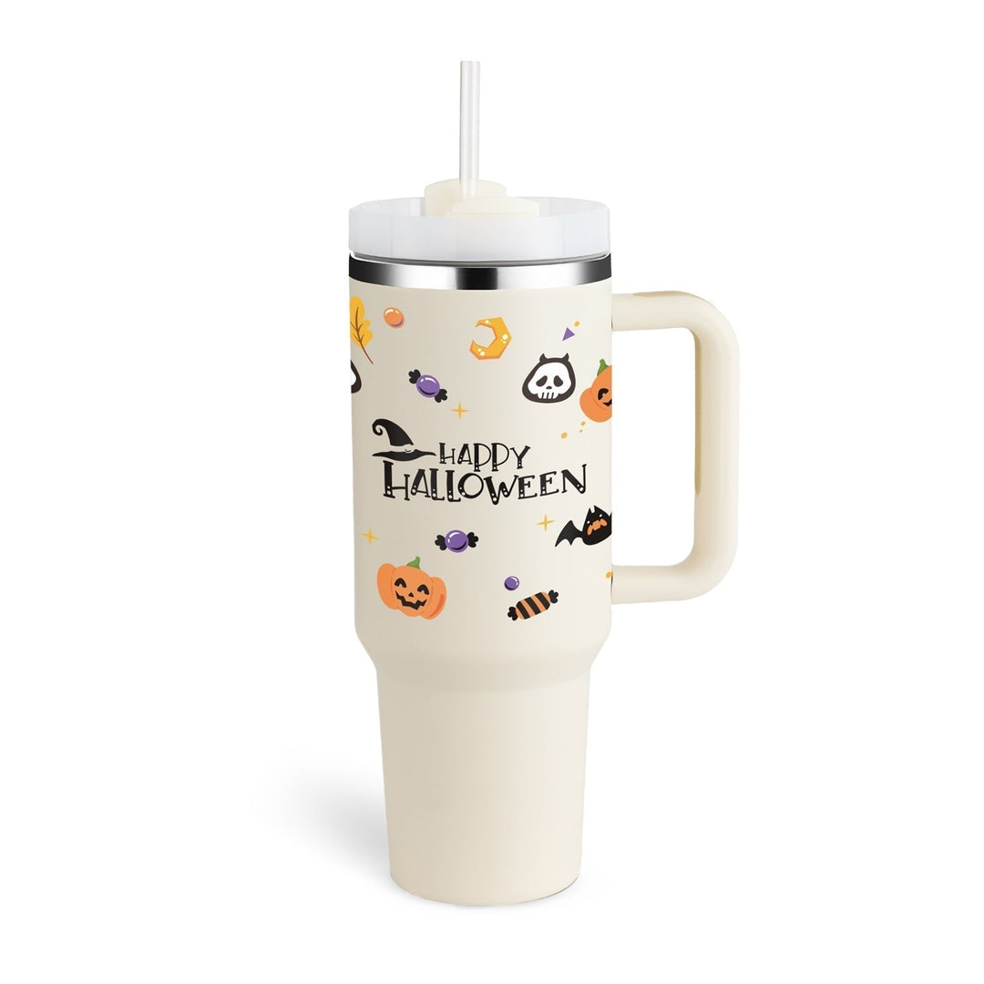 Durable 40oz insulated coffee tumbler. With handle & straw. Reusable & perfect for daily commutes.