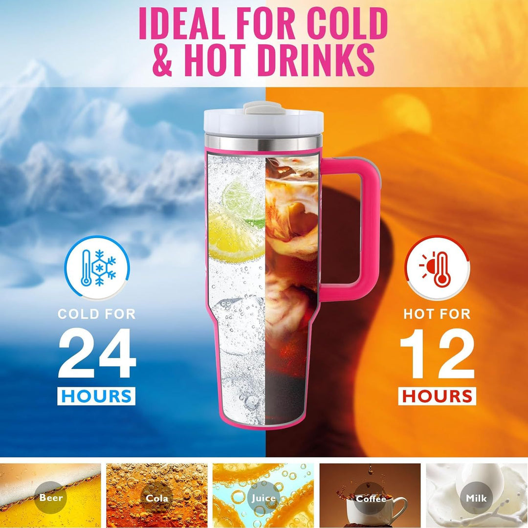 ChillMate 40oz insulated coffee mug. Unisex design with handle & straw. Keeps drinks hot or cold.