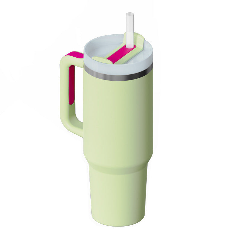 Reusable 40 fl oz insulated coffee mug. With handle & straw. Keeps beverages hot for your morning commute.