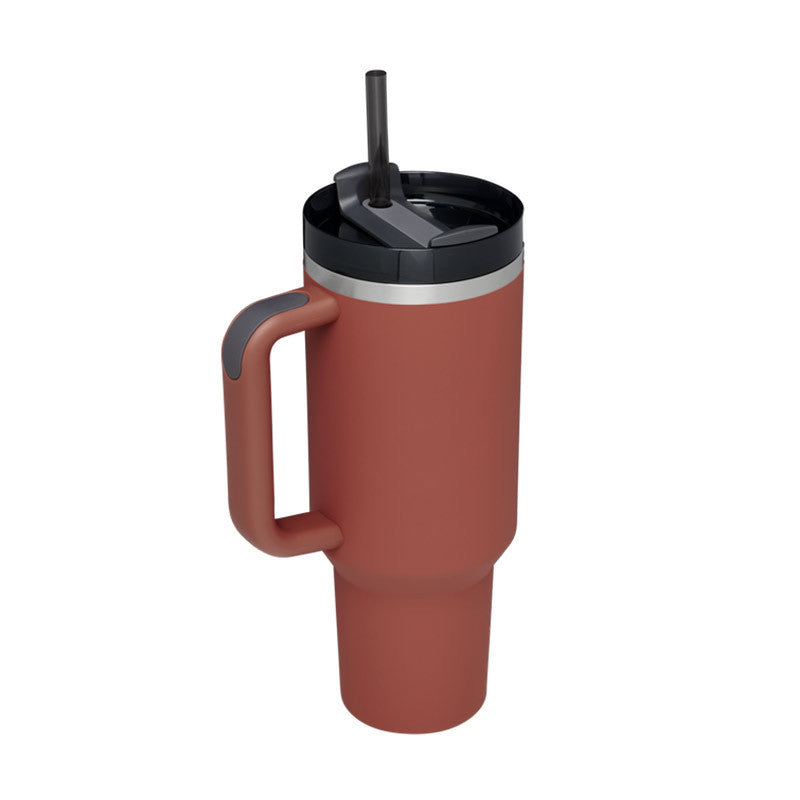 Large capacity 40 fl oz insulated travel mug. With handle & straw. Keeps drinks at desired temperature.