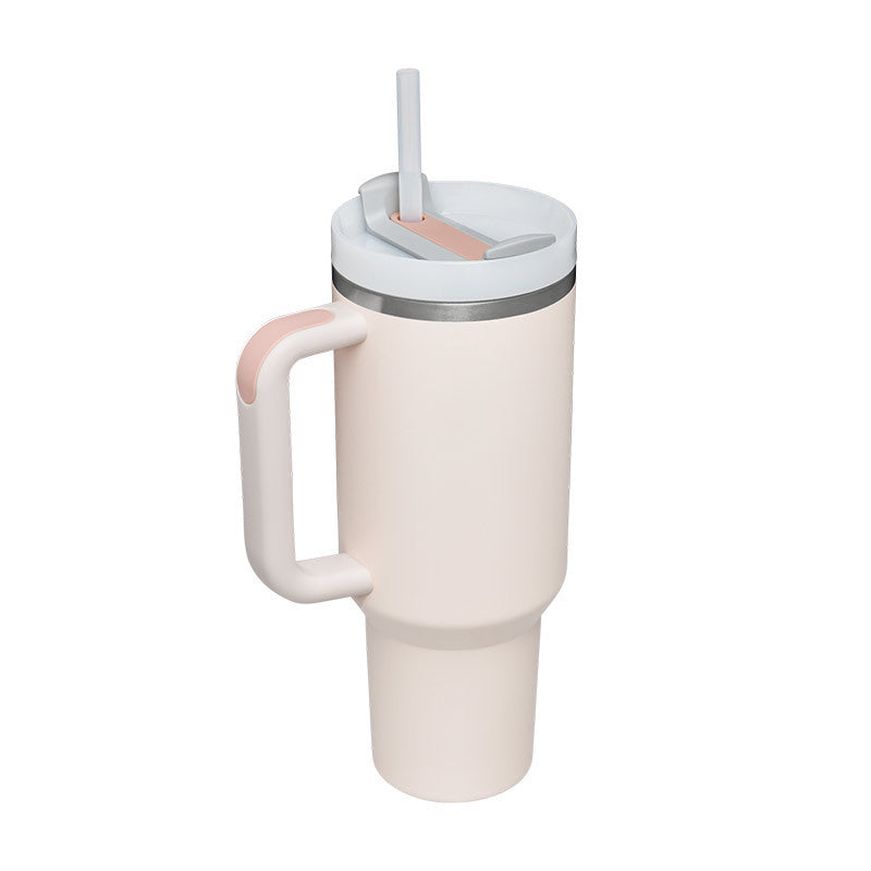 Reusable 40oz insulated water bottle with handle. Straw mug for hot or cold beverages.