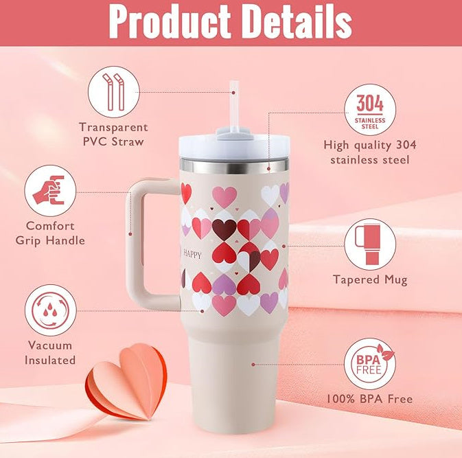 Durable 40 oz travel mug, insulated. Stainless steel drinkware with handle & reusable straw.
