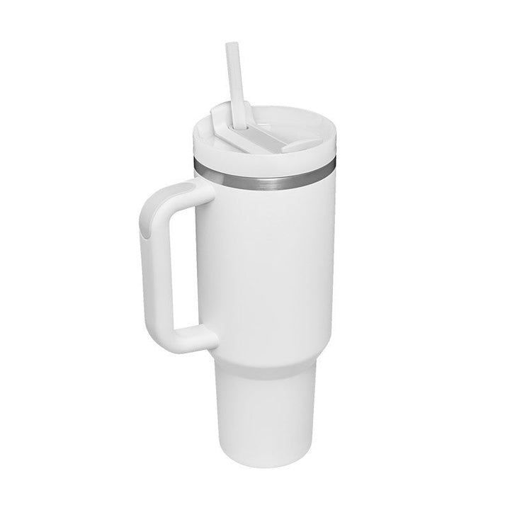 Stainless steel 40 fl oz insulated straw mug. Unisex with handle. For hot coffee, tea, or cold water.
