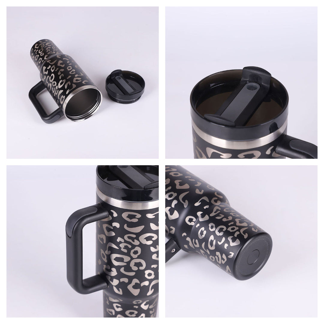 Large 40 fl oz insulated mug for travel. Unisex design, complete with handle & reusable straw.