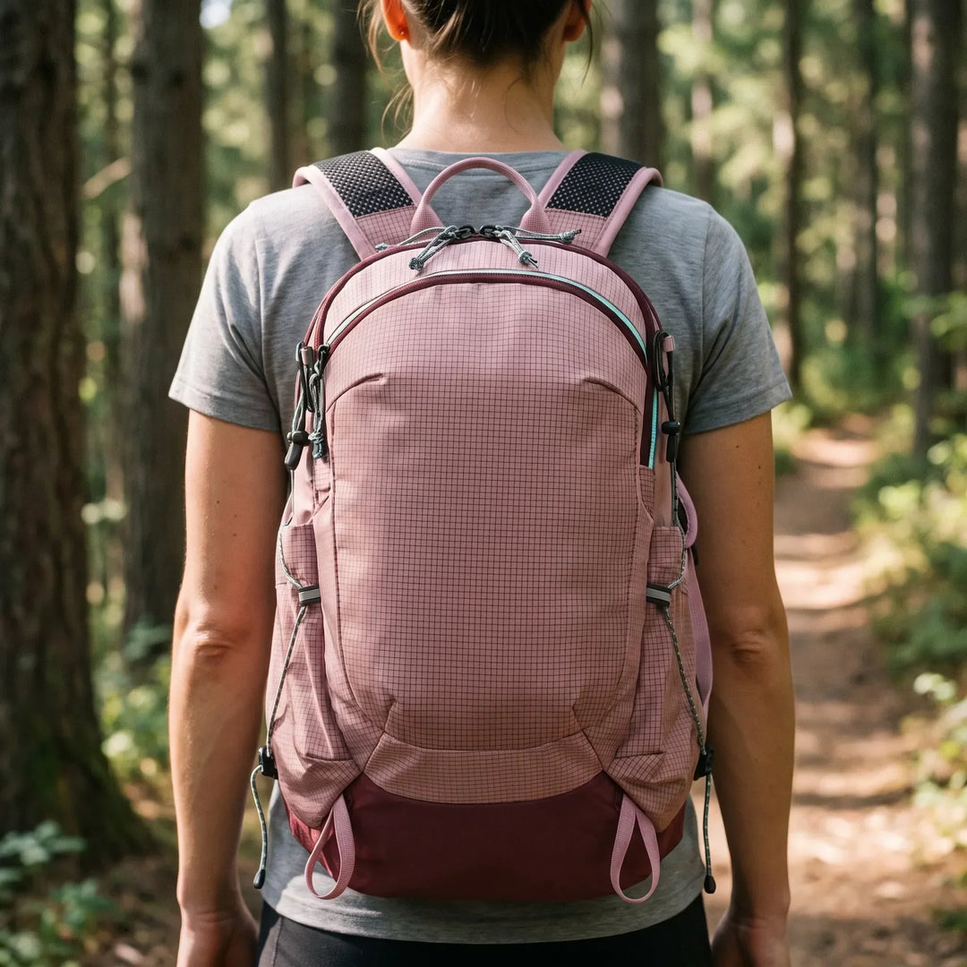Unisex 5.3 Gallon Hiking Daypack with built-in Rain Cover, perfect for trail adventures & travel.