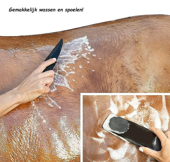 Close-up of a 6-in-1 horse grooming brush set, ideal for animal massage and coat care.