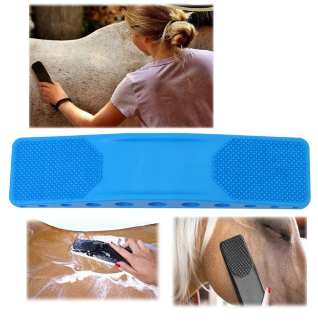 Variety of horse grooming tools: black, blue, red brushes for animal massage and coat health.