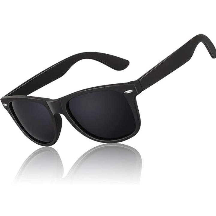 Outdoor polarized Wayfarer sunglasses, unisex 80s retro style, providing UV protection for sun activities.