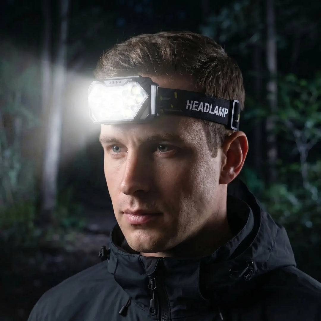 Unisex 9-LED USB rechargeable headlamp with motion sensor for hands-free illumination during outdoor activities & work.