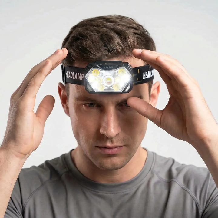 Bright 9-LED headlamp, USB rechargeable & motion sensor activated. Perfect hands-free light for camping, fishing.