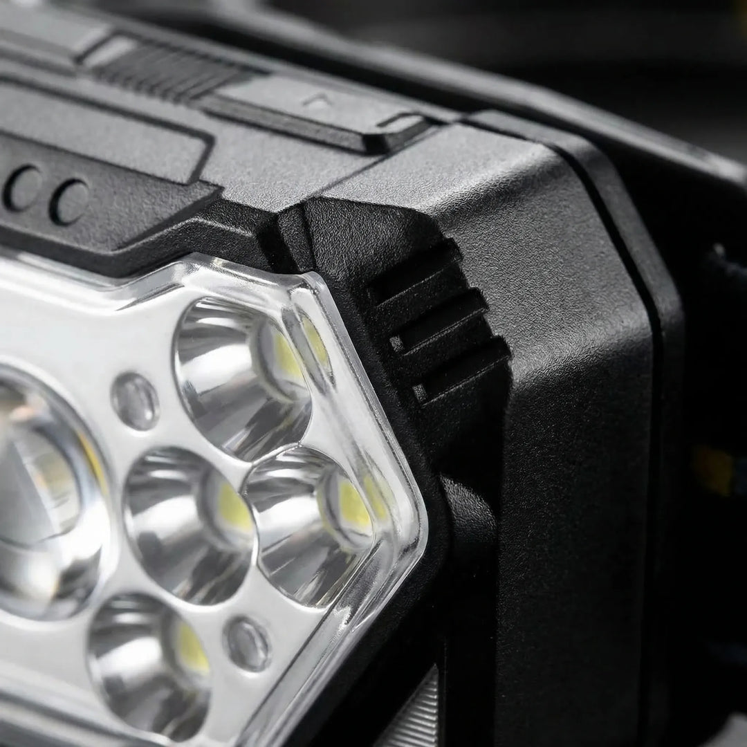 Durable USB rechargeable 9-LED headlamp. Hands-free work light with motion sensor for mechanics, emergencies & DIY.
