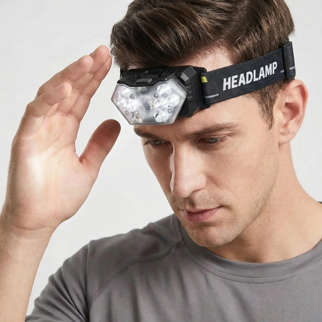 Compact unisex headlamp with 9 bright LEDs, USB rechargeable. Features motion sensor for easy hands-free use.