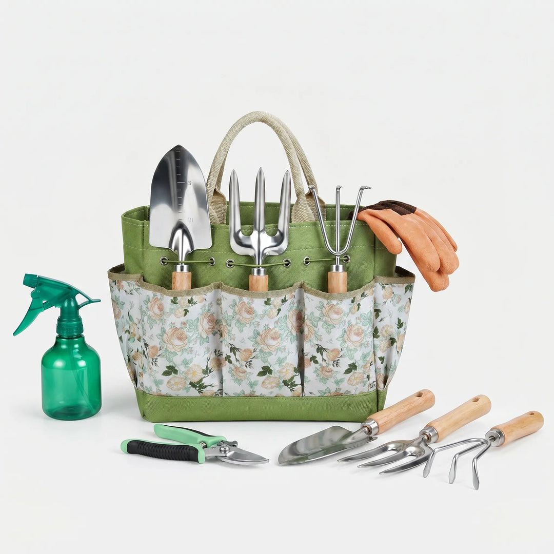 Durable 9-piece garden hand tool set: trowel, cultivator, pruner & gloves for home garden planting & weeding.