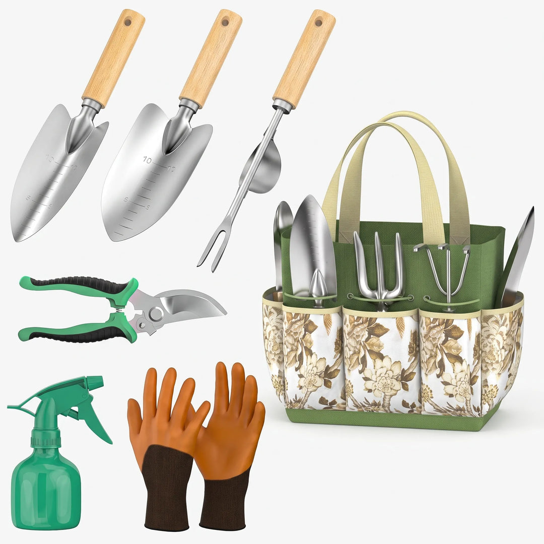 High-quality unisex 9-piece essential garden tools: shears, trowel, weeder, transplanter, & comfortable gloves.