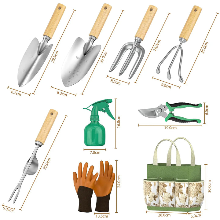 Perfect 9-piece essential gardening hand tool set for beginners or experienced gardeners. Gloves, trowel, cultivator.