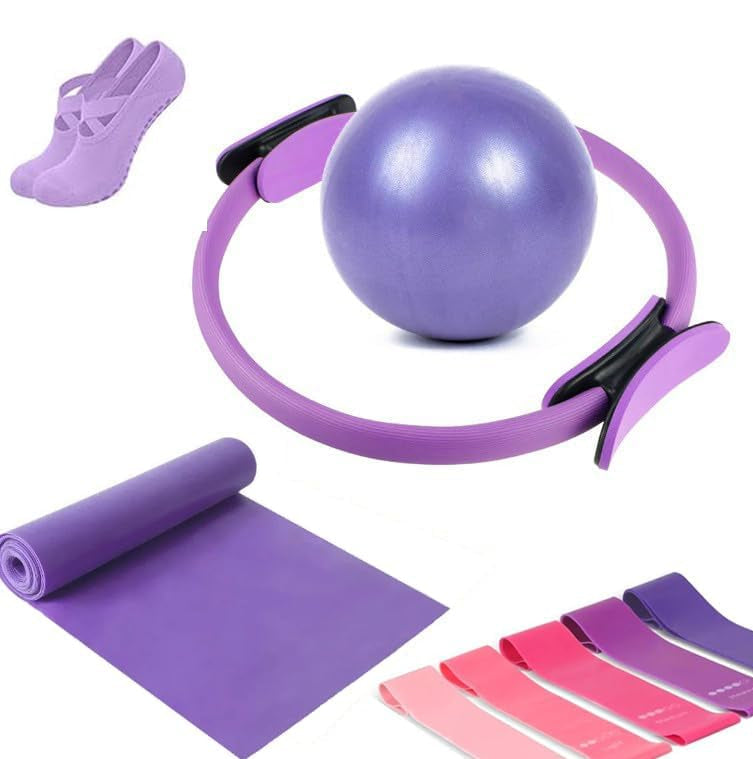 Unisex 9-piece home pilates kit with ring, ball, bands & non-slip socks for full-body fitness & core strength.