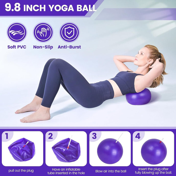 Essential 9-piece home pilates kit with ball, ring, elastic bands, & non-slip socks for effective exercise.
