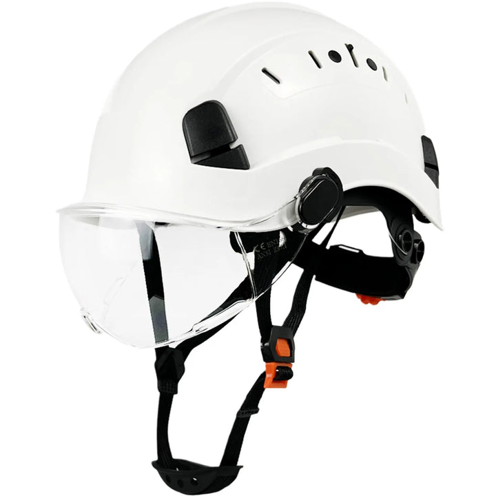 Industrial hard hat with built-in clear goggles & visor, ANSI compliant protective gear for various trades.