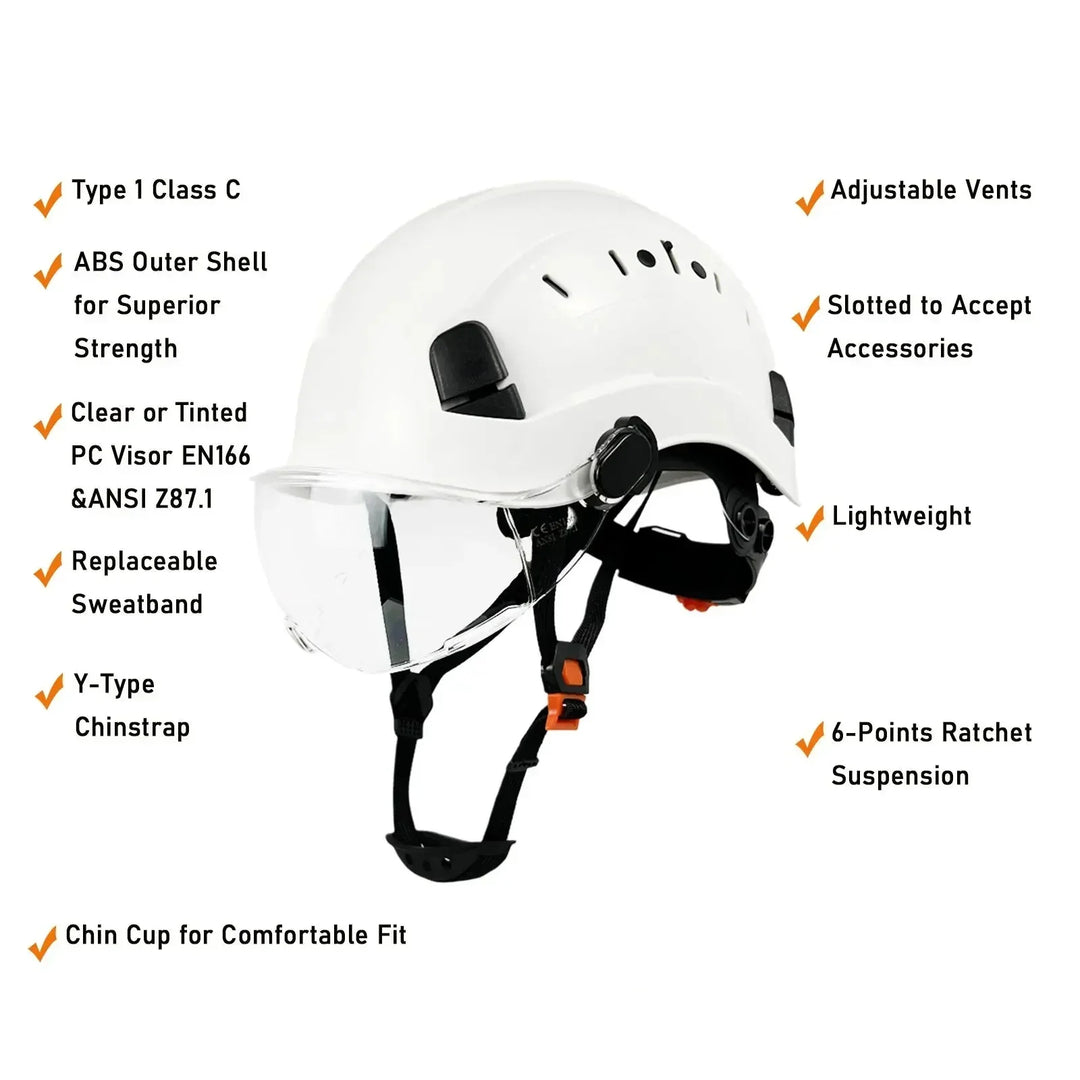 ANSI certified protective hard hat with face shield and eye protection for industrial safety.