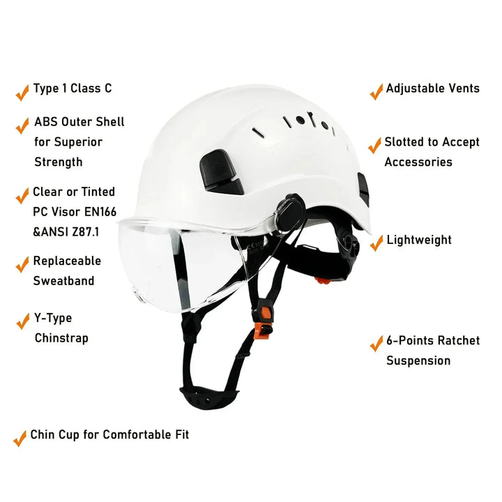 ANSI certified protective hard hat with face shield and eye protection for industrial safety.