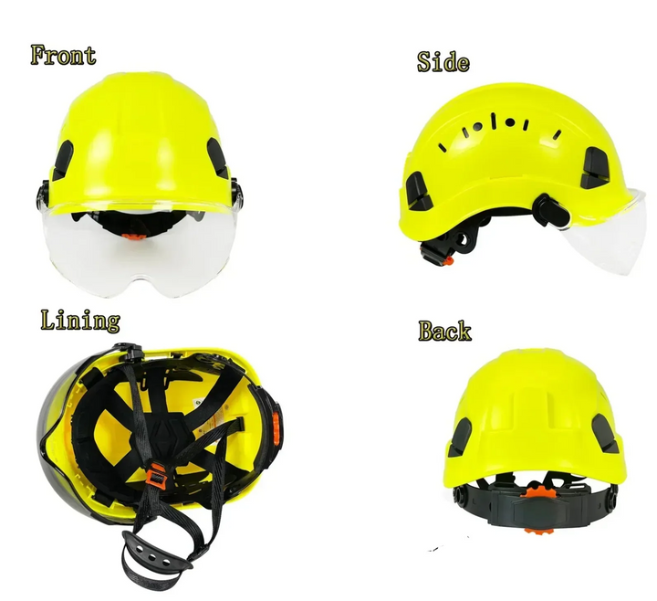 Durable ABS safety helmet for rescue equipment, construction gear, and work safety. Includes visor.