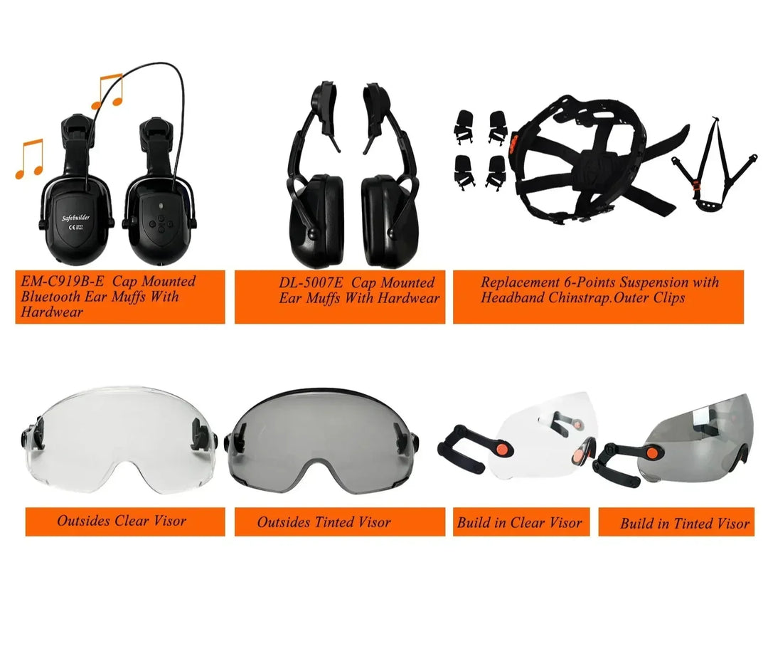 Industrial safety helmet with built-in goggles and retractable face shield. Essential protective gear.