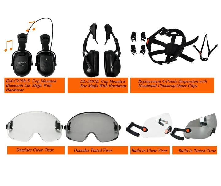 Industrial safety helmet with built-in goggles and retractable face shield. Essential protective gear.