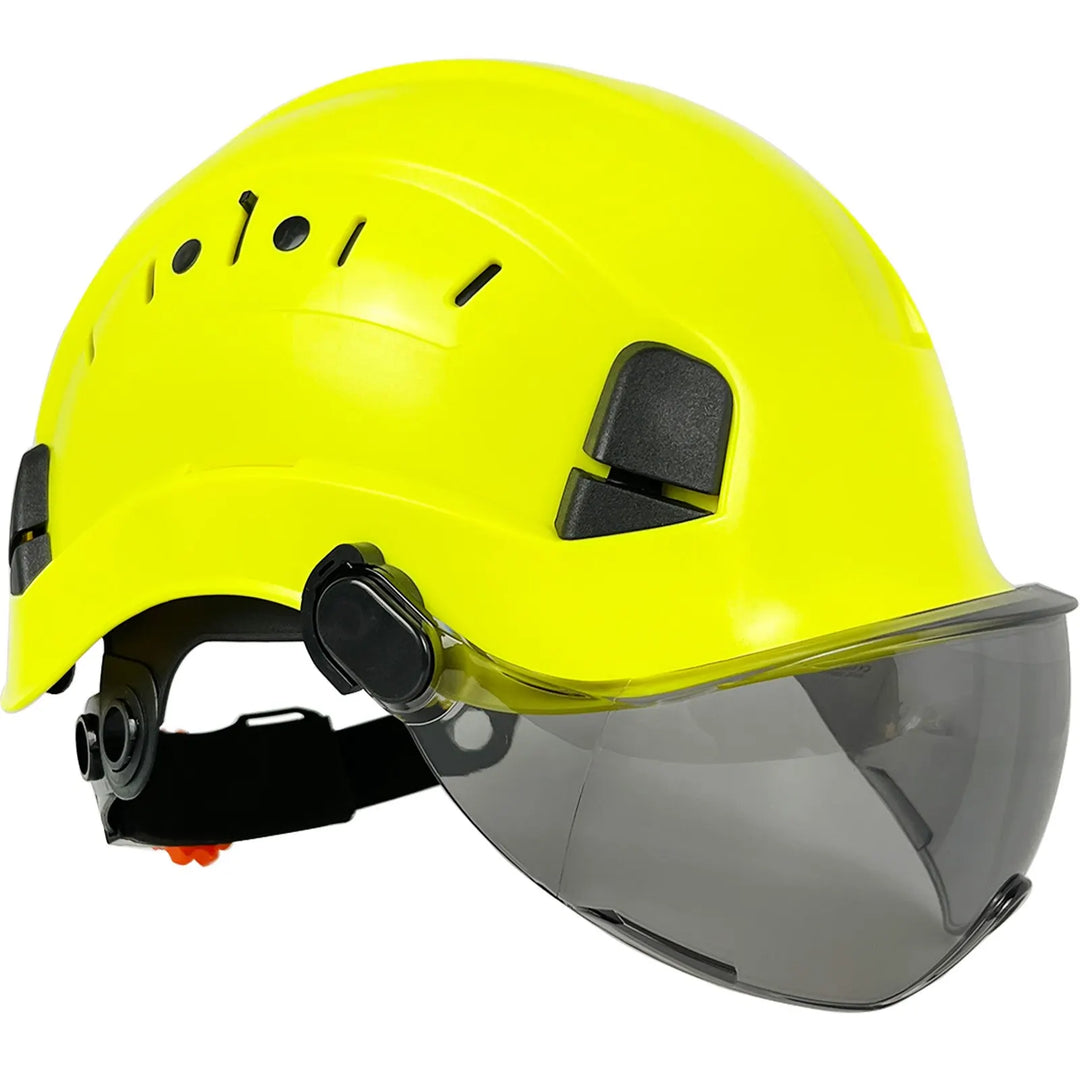 Unisex high-impact ABS hard hat with clear integrated visor & goggles for comprehensive protection.
