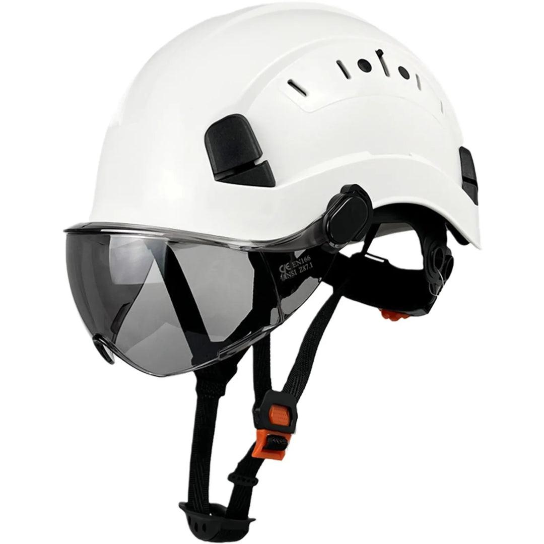 ANSI certified safety helmet, a robust hard hat with integrated eye protection and face shield.