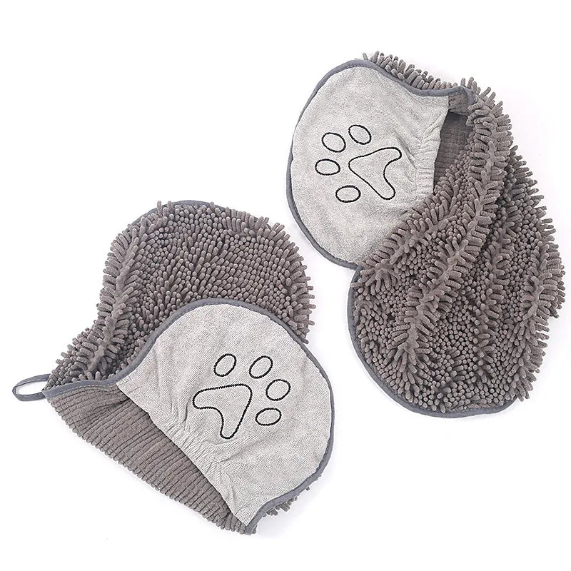 Pet grooming accessory: unisex microfibre drying glove with paw print design