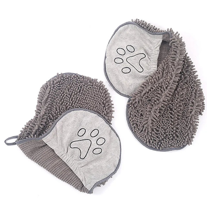 Pet grooming accessory: unisex microfibre drying glove with paw print design