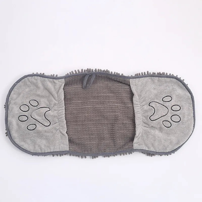 Quick dry dog towel in a glove shape, with absorbent material and paw embroidery