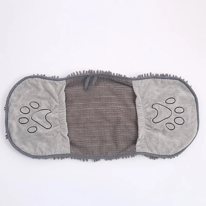 Quick dry dog towel in a glove shape, with absorbent material and paw embroidery