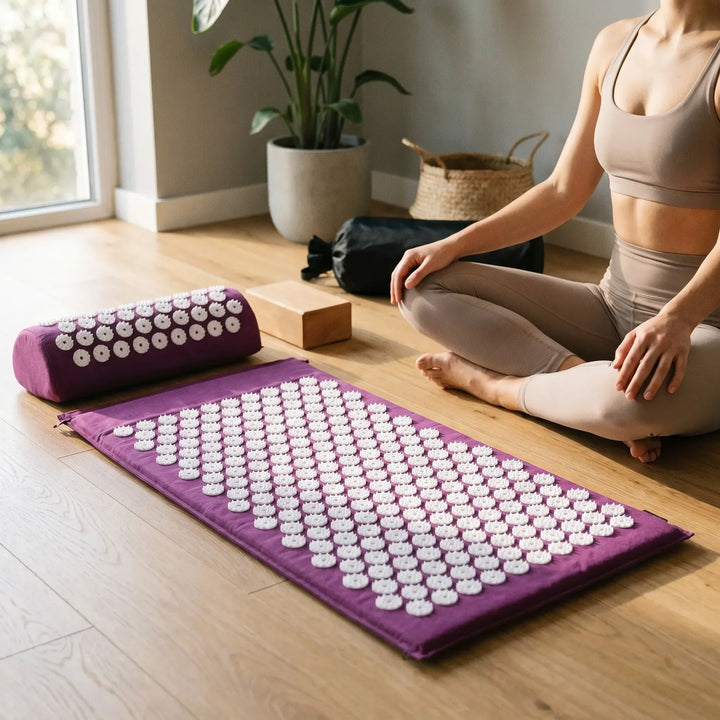 Unisex acupressure mat & pillow set for relaxation, stress & muscle relief. Ideal for back & neck therapy.