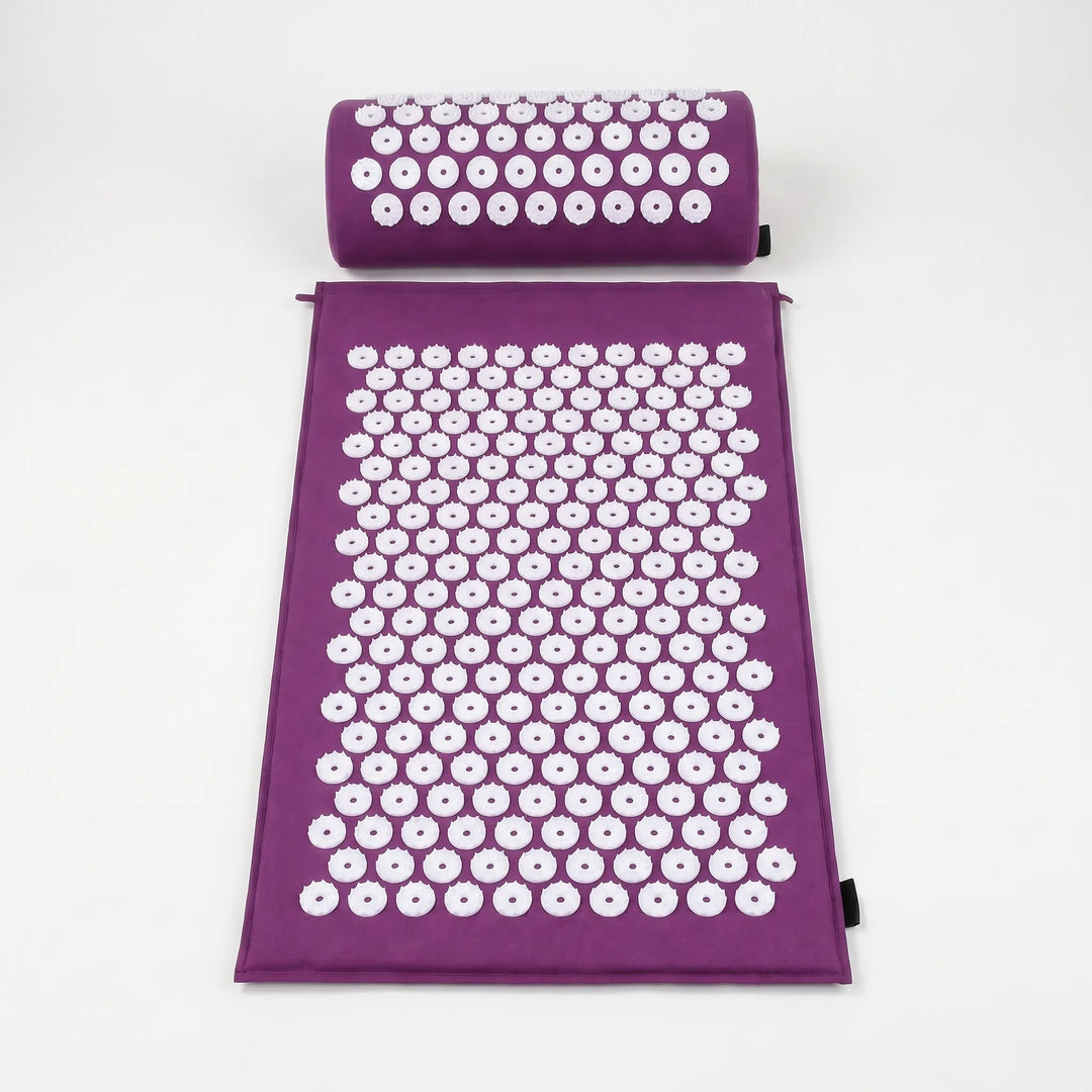 Therapeutic acupressure mat & pillow for deep relaxation, back & neck therapy, and pain relief.