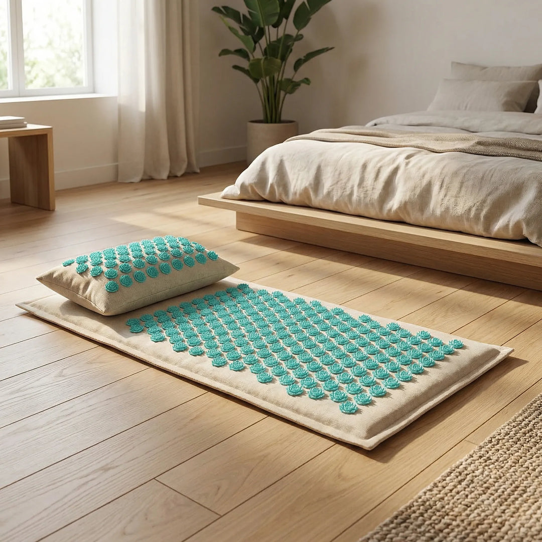 Unisex acupressure mat & pillow set for stress relief & relaxation. Self-care tool for pain & muscle tension.