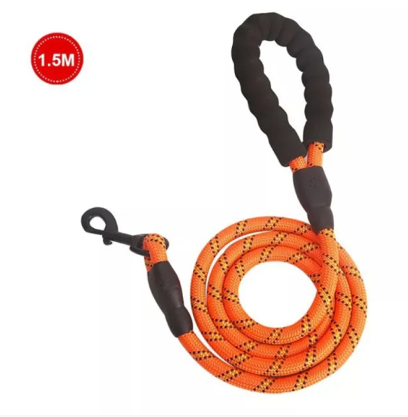 Brown adjustable nylon dog leash with ergonomic padded handle for easy dog control