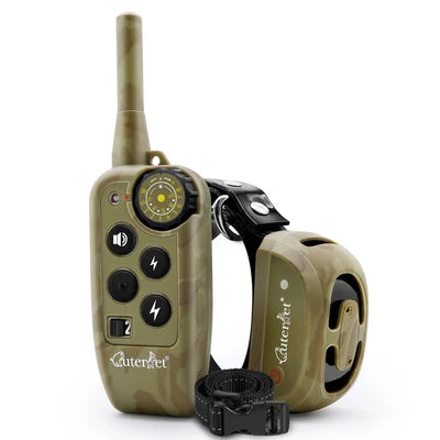 Close-up of a black dog training collar, showcasing adjustable strap and remote receiver