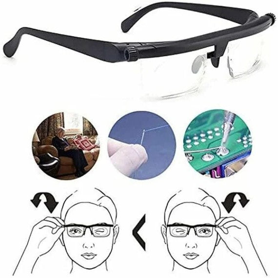 Polycarbonate adjustable focus glasses, VisiFlex for clear near & far vision, unisex eyewear.